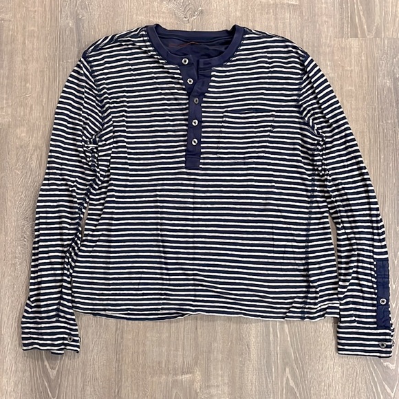 2000’s 7 For All Mankind Jeans Linen Nautical Stripe Henley Shirt - Picture 1 of 5